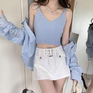 Plain Shirt / Cropped Knit Camisole Top / Denim Mini A-line Skirt