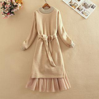 Set: Tie Waist Pullover Dress + Mesh Midi A-line Skirt