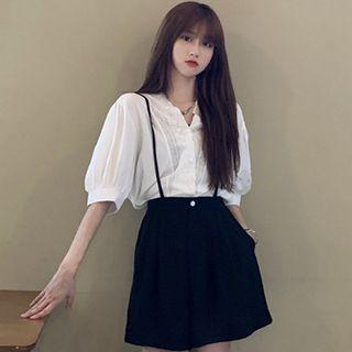 Elbow-sleeve Blouse / Wide-leg Suspender Shorts
