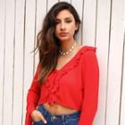Long-sleeve Ruffle Lace-up Blouse