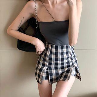 Plain Cropped Camisole Top / Plaid Slit Mini A-line Skirt