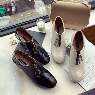 Chunky Heel Patent Zip Loafers