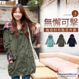 Plaid Paneled Hooded Trench Coat