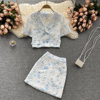 Set Of 2 : Embroidered Notch Lapel Top + A-line Skirt