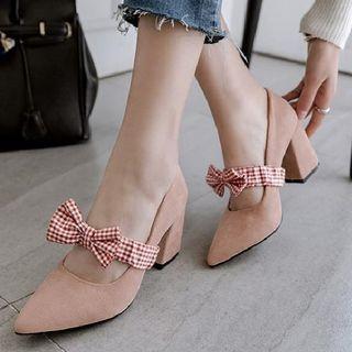 Gingham Ribbon Pointed Pumps