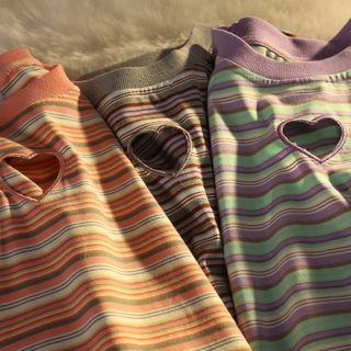 Short-sleeve Striped Hear Cutout T-shirt