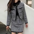 Ribbed Knit Top / Houndstooth Blazer / A-line Skirt