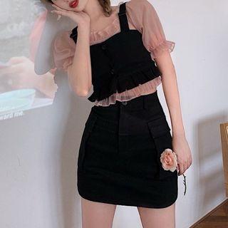 Short-sleeve Blouse / Spaghetti Strap Top / Mini Fitted Skirt