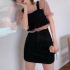 Short-sleeve Blouse / Spaghetti Strap Top / Mini Fitted Skirt