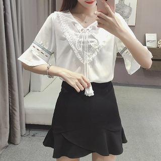 Fringed Perforated Elbow Sleeve Top