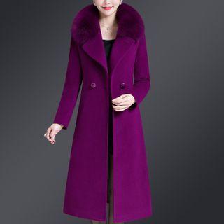 Fluffy Trim Double-breasted Midi Coat