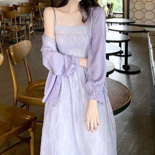 Set: Spaghetti Strap Lace Trim Midi A-line Dress + Light Jacket