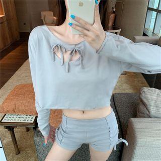 Cutout Long-sleeve Top / Plain Slim-fit Shorts
