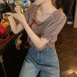 Frog-button Frill-trim Check Short-sleeve Cropped Blouse Red - One Size