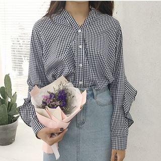 Gingham Frill Sleeve Blouse