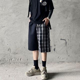High-waist Plaid Panel Shorts