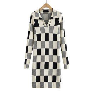 Collared Checker Print Knit Dress