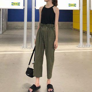 Plain Halter Tank Top / High Waist Drawstring Cropped Pants
