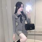 Long-sleeve Striped Bow Accent Mini Sheath Dress