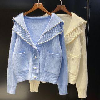 Faux Pearl Double Collar Cardigan