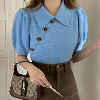 Short-sleeve Collar Knit Top Blue - One Size