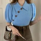 Short-sleeve Collar Knit Top Blue - One Size