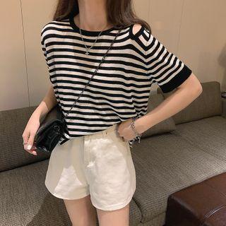 Short-sleeve Cutout Striped Knit Top