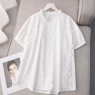 Short-sleeve Lace Panel Plain Blouse White - One Size