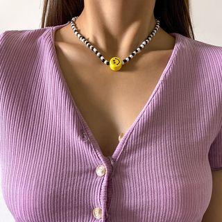Smiley Pendant Bead Necklace 4259 - Yellow Smiley Face - Black & White - One Size