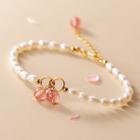 Gemstone Bead Faux Pearl Sterling Silver Bracelet White & Pink & Gold - One Size