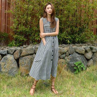 Sleeveless Button-front Gingham Long Dress