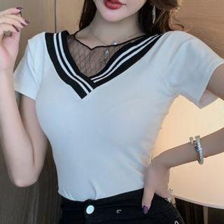 Mesh Panel Short-sleeve Top / Lace-up High-waist Hot Pants