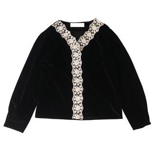 Floral Embroidered Trim Velvet Blouse Dark - One Size