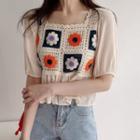 Elbow-sleeve Square Neck Crochet Panel Blouse Almond - One Size