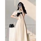 Short-sleeve V-neck Bow Midi A-line Dress