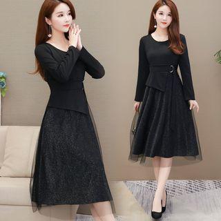 3/4-sleeve Mock Two-piece Midi Layered Dress