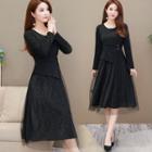3/4-sleeve Mock Two-piece Midi Layered Dress