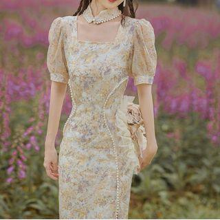 Floral Faux Pearl Midi Sheath Dress