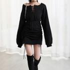Lace-up Off-shoulder Drawstring Mini Bodycon Sweatshirt Dress