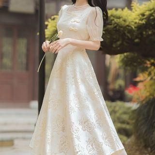 Short-sleeve Square-neck Floral Embroidered Midi A-line Dress