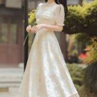 Short-sleeve Square-neck Floral Embroidered Midi A-line Dress