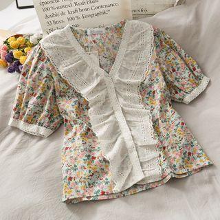 Patchwork Ruffled-panel Floral Blouse Light Green - One Size
