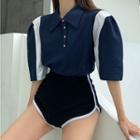 Puff-sleeve Polo-neck Top / Contrast Trim Shorts