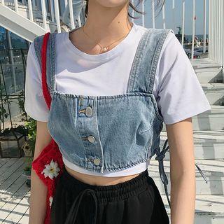 Lace Up Cropped Denim Vest / Lettering Short-sleeve T-shirt