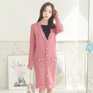 Faux-pearl Button Long Cardigan