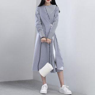 Collar-details Tie-accent Striped Midi Dress