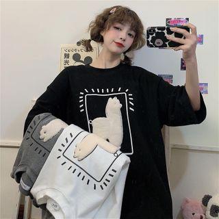 Elbow-sleeve Llama Embroidered T-shirt
