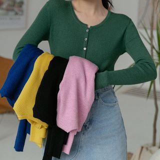 Button-detail Plain Round-neck Knit Top