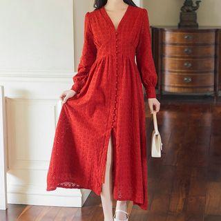 Eyelet V-neck Long-sleeve A-line Midi Dress