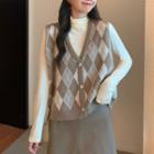 Button-up Argyle Sweater Vest / Long-sleeve Mock-neck T-shirt